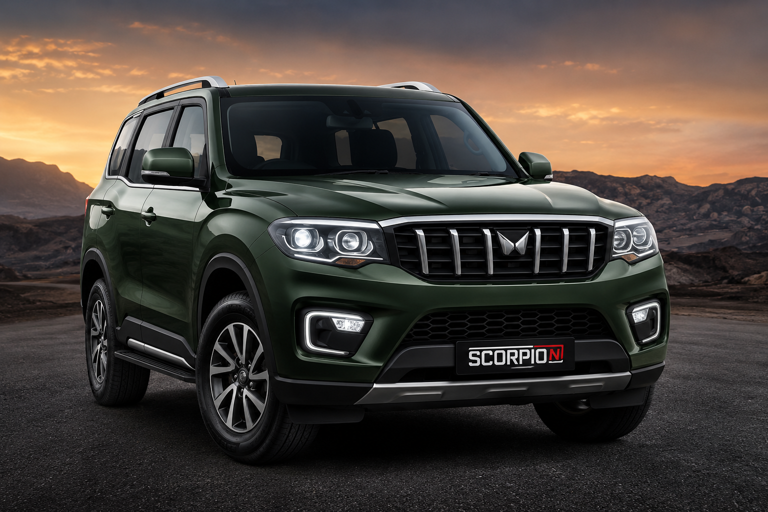New Mahindra Scorpio N facelift 2026 dark green SUV parked on highway during sunset