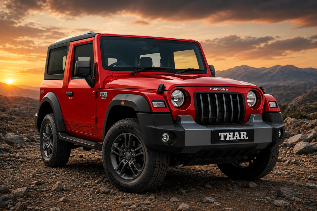 Red Mahindra Thar facelift 2026 off-road SUV standing on rocky mountain road at sunset