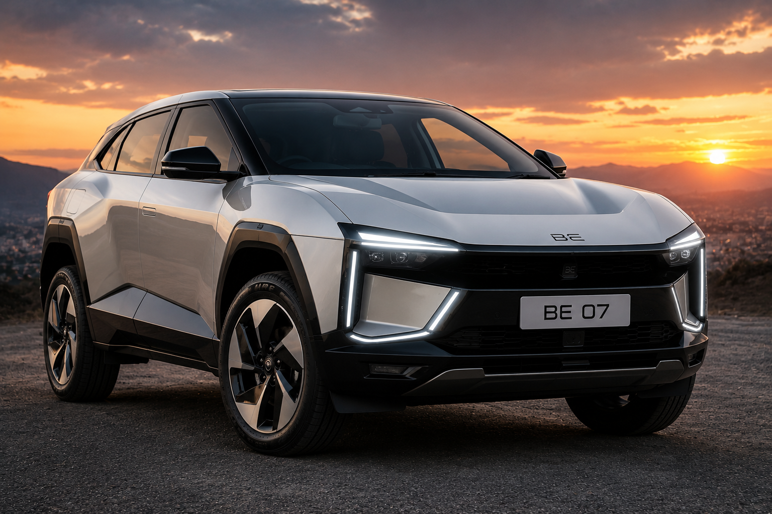 Mahindra BE 07 electric SUV futuristic silver EV parked on road during sunset with modern LED lighting