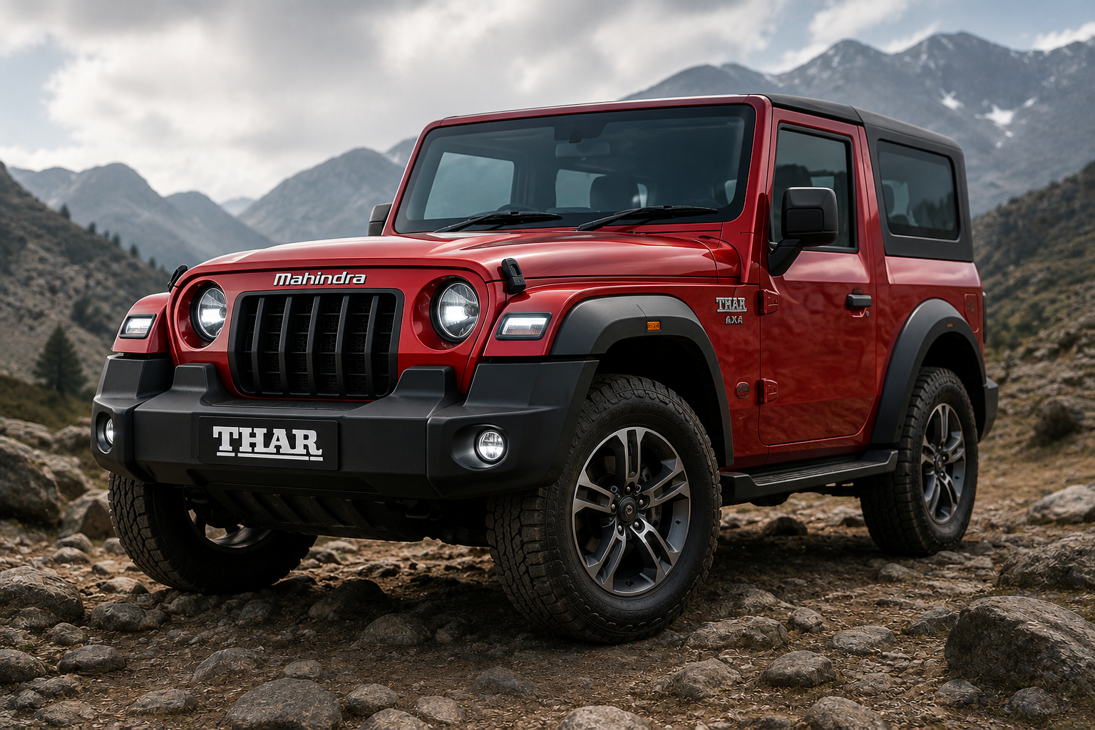 New Mahindra Thar off-road SUV on rocky mountain terrain with rugged design