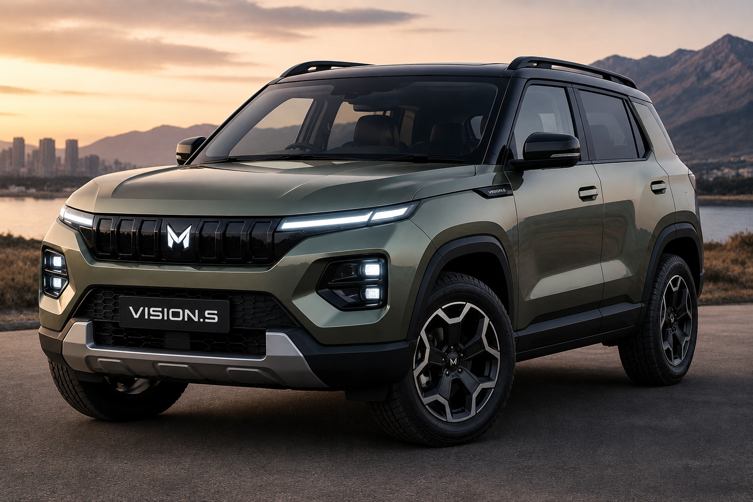 Mahindra Vision.S compact SUV concept with futuristic styling at sunset