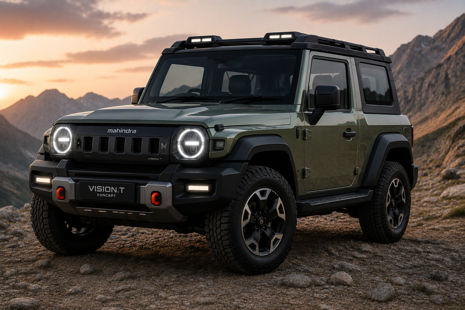 Mahindra Vision.T electric off-road SUV concept on mountain trail during sunset