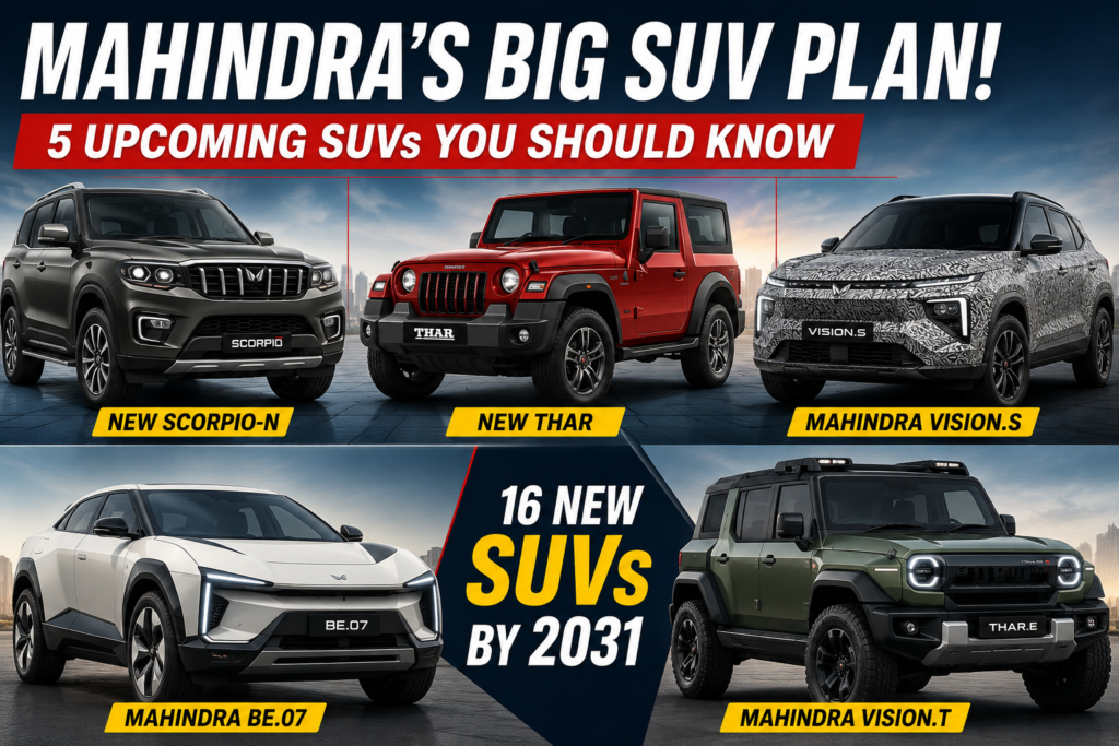 Upcoming Mahindra SUVs 2026 including Scorpio-N, Thar, Vision.S, BE.07 and Vision.T electric SUV